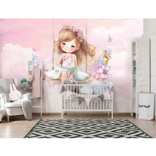 Eine Fototapete mit einem Mädchen, das in den Wolken schaukelt, in einem Babyzimmer.