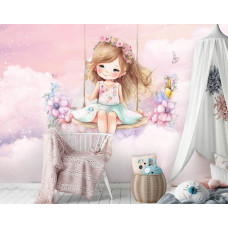 Eine Fototapete mit einem Mädchen, das in den Wolken schaukelt, auf einer Kindertapete in einem Kinderzimmer.
