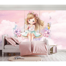 Eine Fototapete mit einem Mädchen, das in den Wolken schaukelt, in einem Mädchenzimmer.