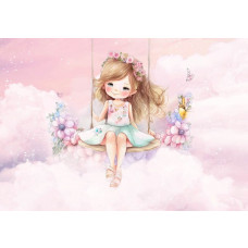 Schaukelndes Mädchen in den Wolken, umgeben von einem verträumten Himmel, abgebildet auf dieser Fototapete.