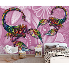 Eine Fototapete mit Skorpionen in einem bunten abstrakten Design, ideal für ein Kinderzimmer.