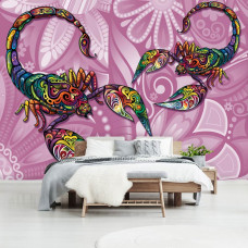 Eine Fototapete mit einer abstrakten Darstellung von Skorpionen in einem kunstvollen Stil für das Schlafzimmer.