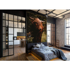 Eine schmale Fototapete mit einem schottischen Highlander in einem Wald, perfekt für ein Schlafzimmer.