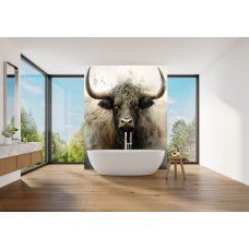 Fototapete Schottisches Hochlandrind im industriellen Stil im Bad mit kraftvoller Form und sanften Grauabstufungen.