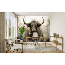 Fototapete Schottisches Hochlandrind im industriellen Stil im Büro mit rauer Atmosphäre und industriellem Hintergrund.