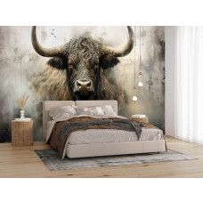 Fototapete Schottisches Hochlandrind im industriellen Stil im Schlafzimmer mit ruhigen Naturtönen und starkem Akzent.