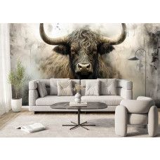 Fototapete Schottisches Hochlandrind im industriellen Stil im Wohnzimmer mit imposanten Hörnern und intensivem Blick.