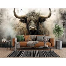 Fototapete Schottisches Hochlandrind im industriellen Stil im Wohnzimmer mit rauen Texturen und gedeckten Grautönen.