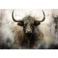 Fototapete Schottisches Hochlandrind im industriellen Stil als Produktfoto mit zotteligem Fell, langen Hörnern und rauem Hintergrund.