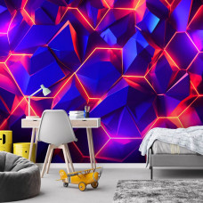 Fotobehang met digitale sci-fi kristallen, toegepast in een gamekamer met een intens neonlicht en een technologisch effect.