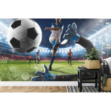 Fototapete mit einem Fußball, der ein Tor in einem Stadion in einem Kinderzimmer erzielt.