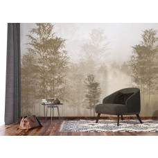 Fototapete von einem sepiafarbenen Wald im Wohnzimmer, schafft eine warme und rustikale Atmosphäre mit einem Hauch von Vintage-Charme.