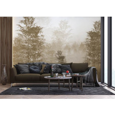 Ein stimmungsvolles Fototapete von einem sepiafarbenen Wald in einem modernen Wohnzimmer, kombiniert Natur mit einer zeitlosen und warmen Ausstrahlung.
