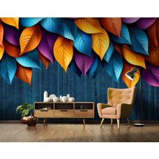 Eine Fototapete mit atmosphärischen Blättern in einem Geschäftszimmer.