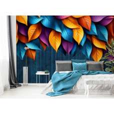 Eine Fototapete mit atmosphärischen Blättern in einem Schlafzimmer mit Vliestapete.