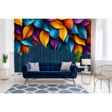 Eine Fototapete mit atmosphärischen Blättern in einem Wohnzimmer.
