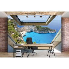 Eine Fototapete mit einem ikonischen Schiffswrack am Strand von Zakynthos, geeignet für ein Büro.