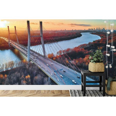 Eine Fototapete mit der Siekierkowski-Brücke, abgebildet in einem Schlafzimmer.