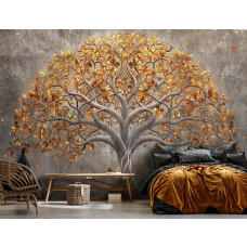 Eine Fototapete mit einem eleganten Baum in einem abstrakten Design, ideal für ein Schlafzimmer.