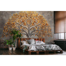 Eine Fototapete mit einem eleganten Baum im abstrakten Stil, bedruckt auf Vliesbehang, passend für ein Schlafzimmer.