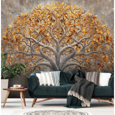 Eine Fototapete mit einem eleganten Baum in einem abstrakten Kunstdesign, bedruckt auf Vliesbehang, perfekt für ein Wohnzimmer.