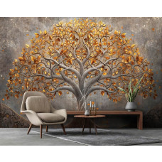 Eine Fototapete mit einem eleganten Baum in einem abstrakten Design, geeignet für ein Wohnzimmer.