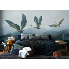 Ein Fototapete mit eleganten goldenen Kranichen im Schlafzimmer, bei dem die anmutigen Kraniche und subtilen metallischen Details eine elegante und ruhige Atmosphäre schaffen.