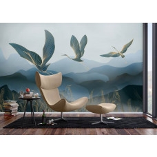 Ein Fototapete mit eleganten goldenen Kranichen in einem modernen Wohnzimmer, bei dem die Kombination aus goldfarbenen Vögeln und sanften Tönen eine schicke und zeitlose Ausstrahlung verleiht.