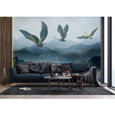 Ein Fototapete mit eleganten goldenen Kranichen im Wohnzimmer, bei dem die anmutigen Vögel und glänzenden Goldtöne eine stilvolle und beruhigende Atmosphäre schaffen.