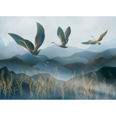 Ein Fototapete mit eleganten goldenen Kranichen, bei dem elegante Vögel mit raffinierten goldenen Akzenten vor einem tiefen Hintergrund schweben und einen luxuriösen Effekt erzeugen.