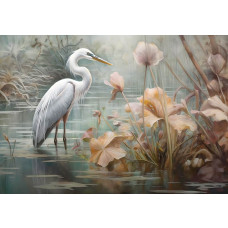 Ein anmutiger Reiher, der im See steht, umgeben von Blumen, wunderschön dargestellt auf dieser Fototapete.