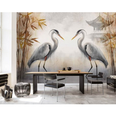 Fototapete in einem Büro mit eleganten Reihern, roten Blättern und einem japanischen Häuschen, die zusammen für eine elegante und beruhigende Ausstrahlung in jedem Raum sorgen.