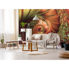 Eine Fototapete von eleganten roten Federn, mit abstrakter Kunst auf Vliesbehang für das Wohnzimmer.