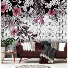 Fototapete mit Zierpflanzen an einer Betonwand mit rosa Blumen im Wohnzimmer.