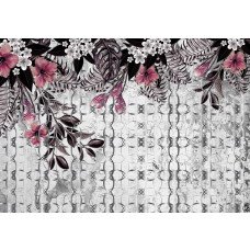 Fototapete mit Zierpflanzen an einer Betonwand, rosa Blumen und Pflanzen für einen weichen Look.