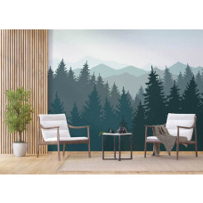 Eine Fototapete von Kiefern und Berge Silhouette in einem Geschäftsraum mit Airtex.