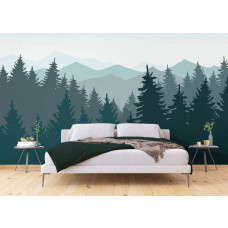 Eine Fototapete von Kiefern und Berge Silhouette in einem Schlafzimmer.