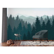 Eine Fototapete von Kiefern und Berge Silhouette in einem Wohnzimmer mit Vliestapete und Airtex.