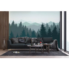 Eine Fototapete von Kiefern und Berge Silhouette in einem Wohnzimmer mit Vliestapete.