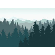 Eine Fototapete von Kiefern und Berge Silhouette.