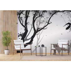 Ein Fototapet von einem Silhouett eines Waldes mit einem Vogel im Wind in einem Büro.