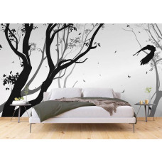Ein Fototapet von einem Silhouett eines Waldes mit einem Vogel im Wind in einem Schlafzimmer.