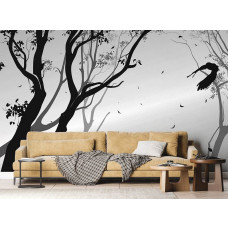 Ein Fototapet von einem Silhouett eines Waldes mit einem Vogel im Wind in einem Wohnzimmer.