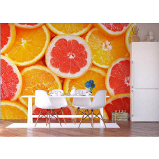 Eine Fototapete von Orangenscheiben Obst in einem Esszimmer.