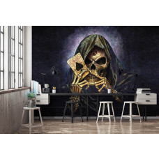 Eine Fototapete mit einem Skelett und einem Ass für das Wohnzimmer.