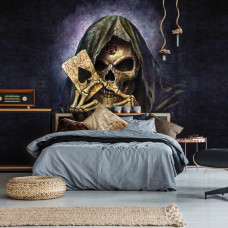 Eine Fototapete mit einem Skelett und einem Ass für das Schlafzimmer.