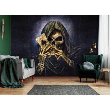 Eine Fototapete mit einem Skelett und einem Ass für das Wohnzimmer.