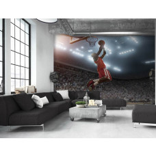Eine Fototapete von Slam Dunk Sensation in einem Basketballstadion im Wohnzimmer.