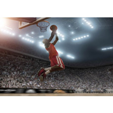Slam Dunk Moment in einem Basketballstadion, gerendert auf einer dynamischen und sportlichen Fototapete.