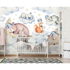 Eine Fototapete mit schlafenden Tieren für das Babyzimmer.